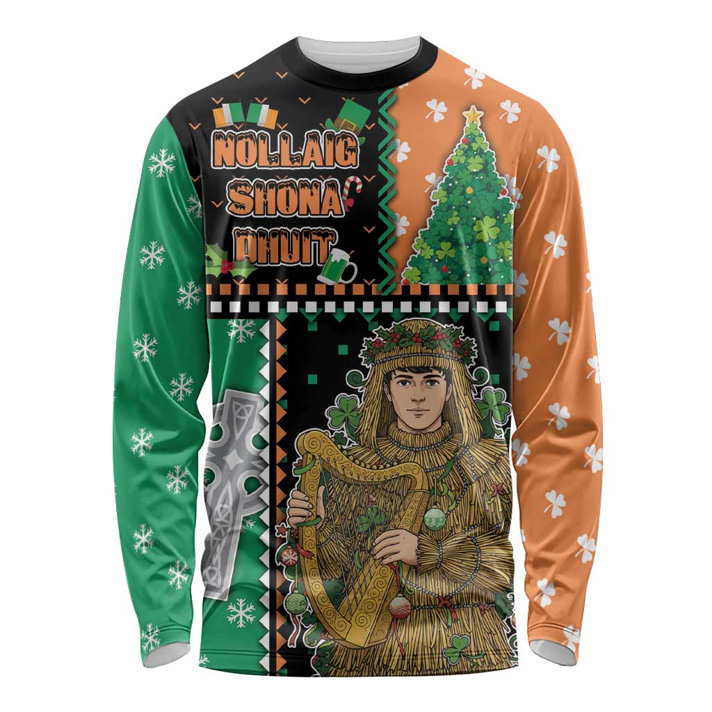 Ireland Christmas Long Sleeve Shirt Wren Boy With Shamrock Xmas Tree - Wonder Print Shop