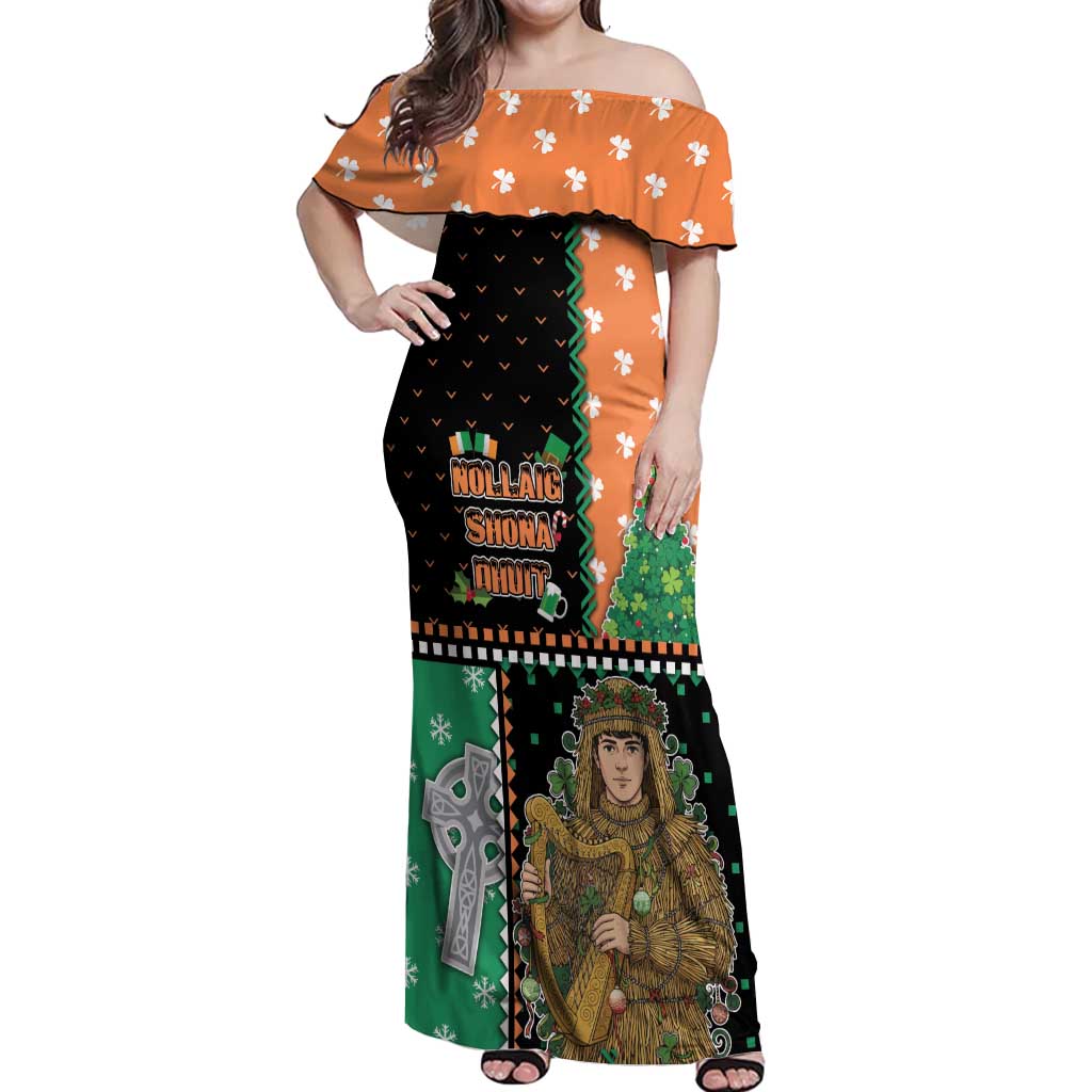 Ireland Christmas Off Shoulder Maxi Dress Wren Boy With Shamrock Xmas Tree - Wonder Print Shop