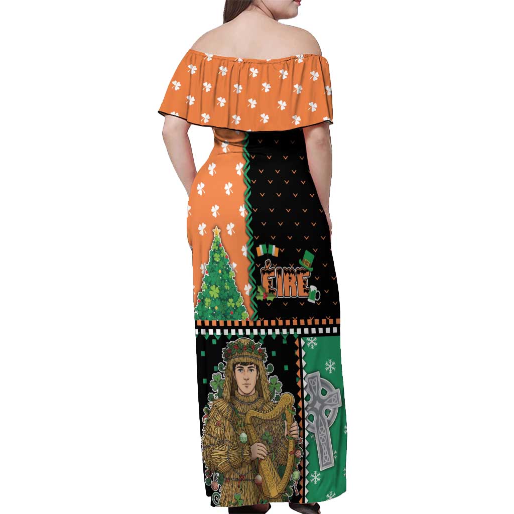 Ireland Christmas Off Shoulder Maxi Dress Wren Boy With Shamrock Xmas Tree - Wonder Print Shop