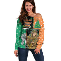 Ireland Christmas Off Shoulder Sweater Wren Boy With Shamrock Xmas Tree - Wonder Print Shop