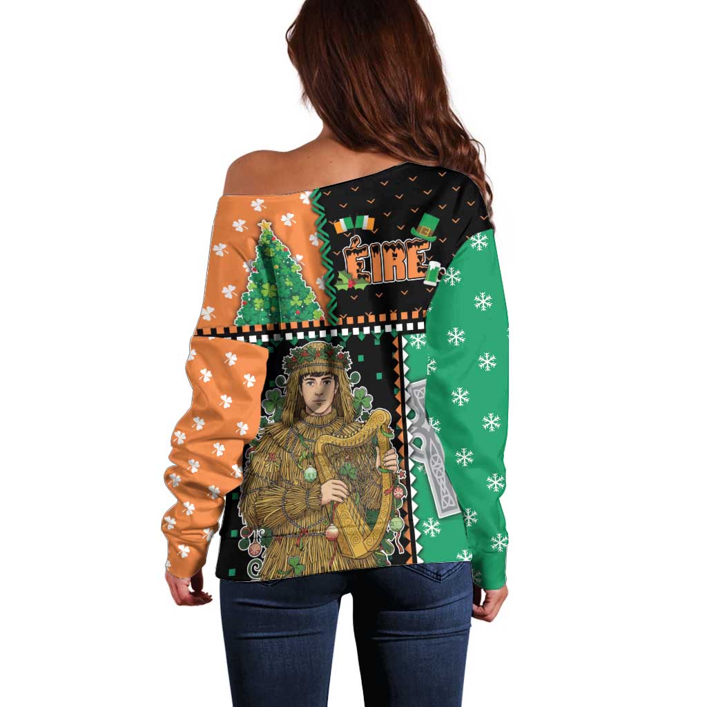 Ireland Christmas Off Shoulder Sweater Wren Boy With Shamrock Xmas Tree - Wonder Print Shop