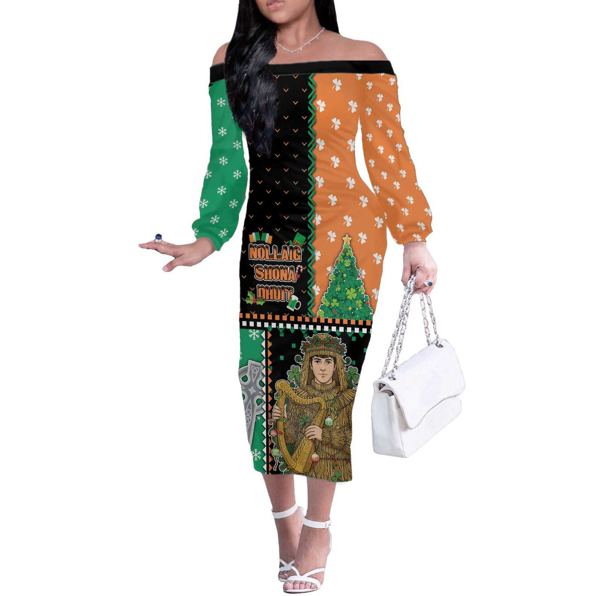 Ireland Christmas Off The Shoulder Long Sleeve Dress Wren Boy With Shamrock Xmas Tree - Wonder Print Shop