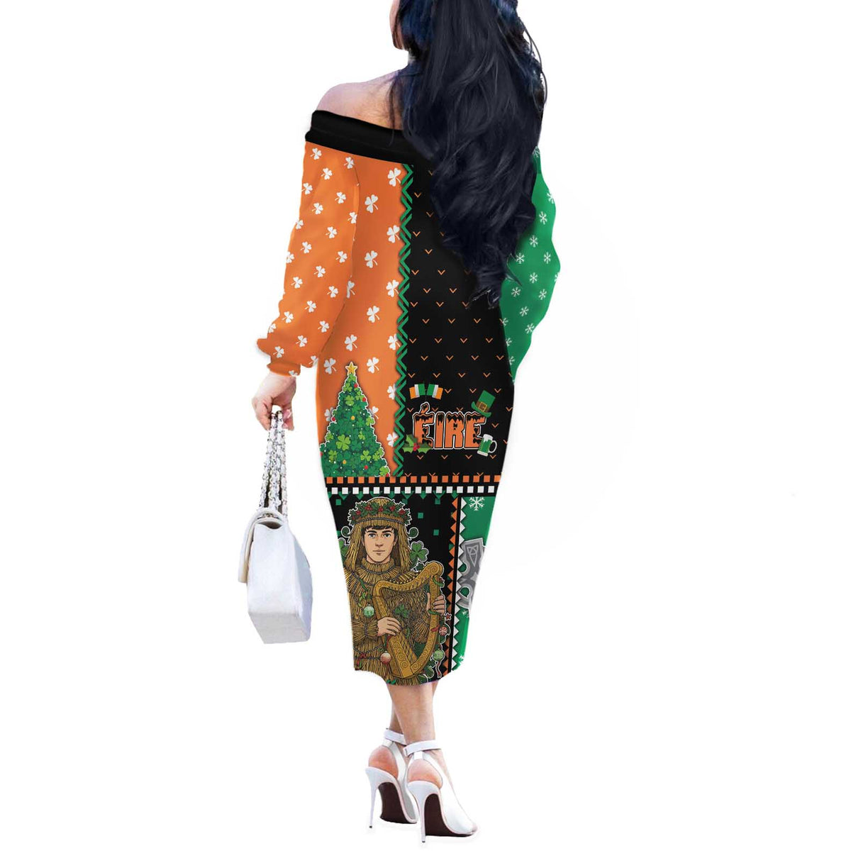 Ireland Christmas Off The Shoulder Long Sleeve Dress Wren Boy With Shamrock Xmas Tree - Wonder Print Shop