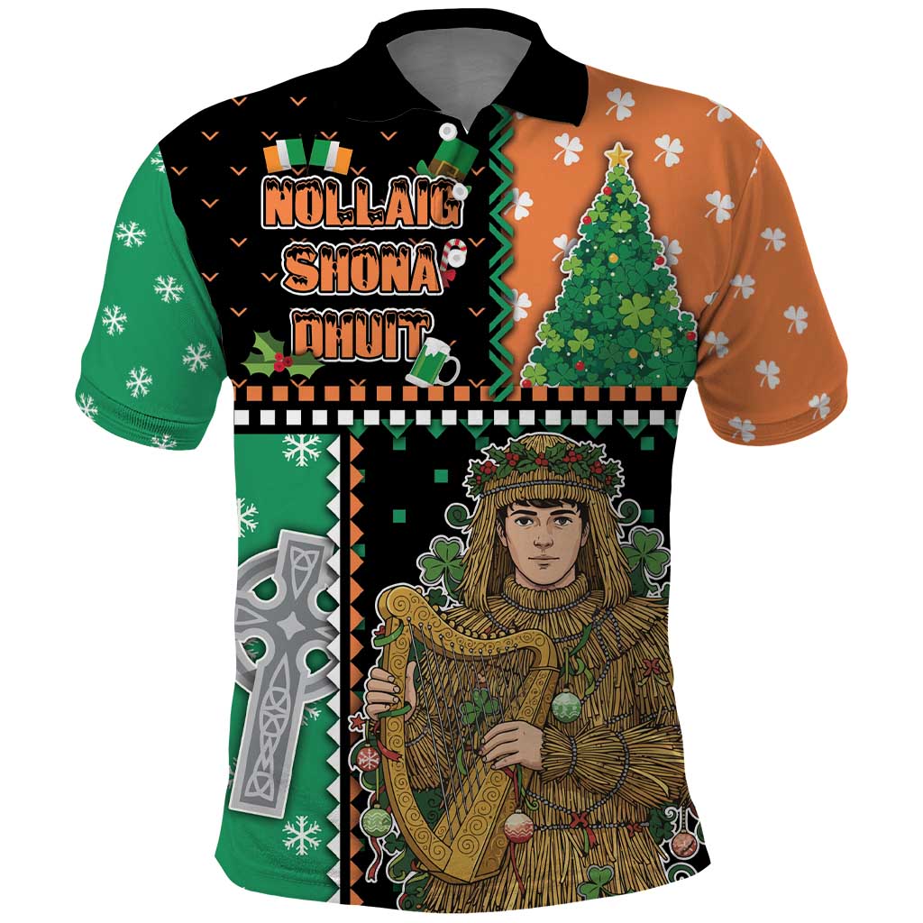 Ireland Christmas Polo Shirt Wren Boy With Shamrock Xmas Tree - Wonder Print Shop