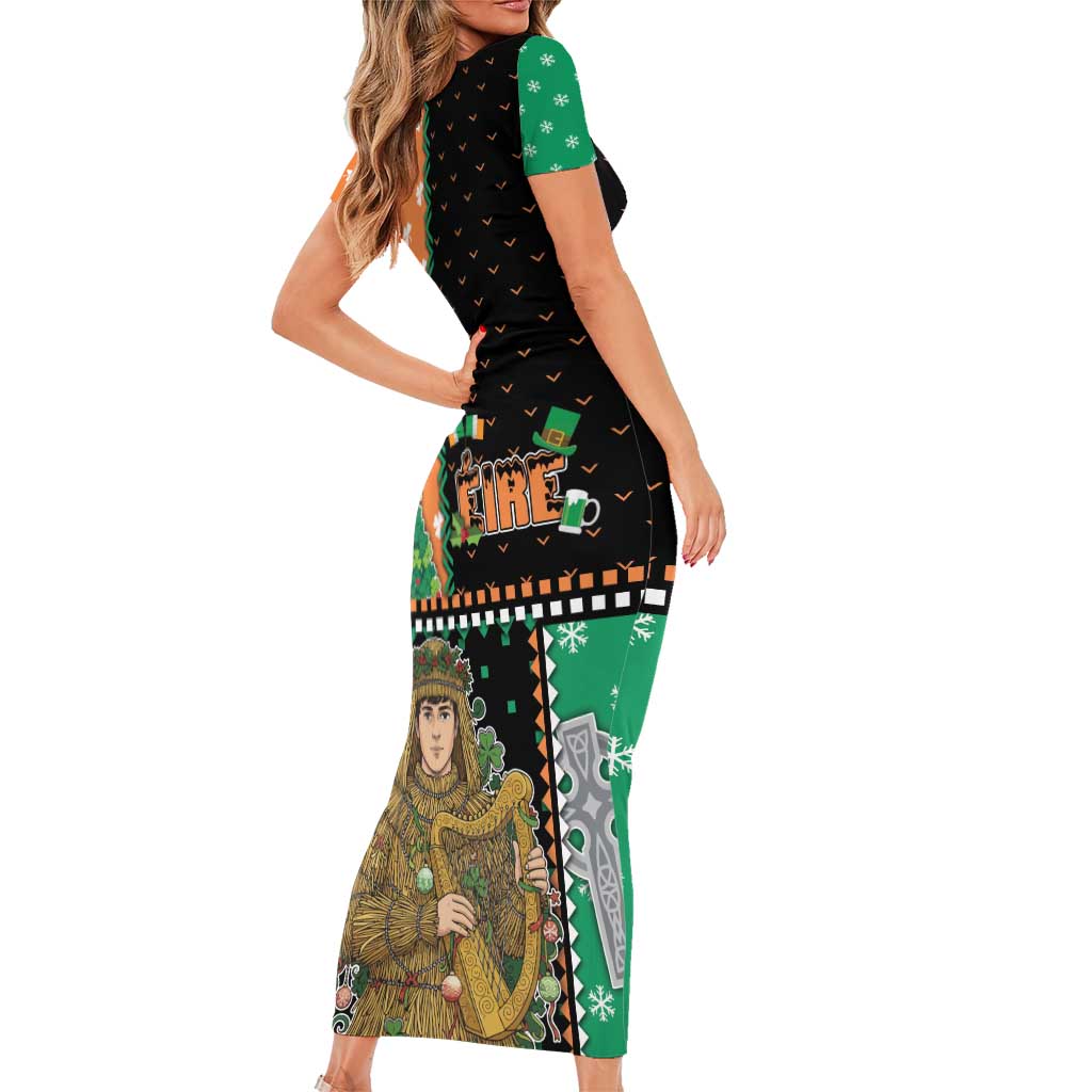 Ireland Christmas Short Sleeve Bodycon Dress Wren Boy With Shamrock Xmas Tree - Wonder Print Shop