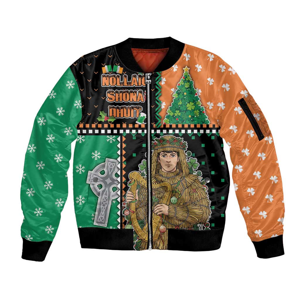 Ireland Christmas Sleeve Zip Bomber Jacket Wren Boy With Shamrock Xmas Tree - Wonder Print Shop