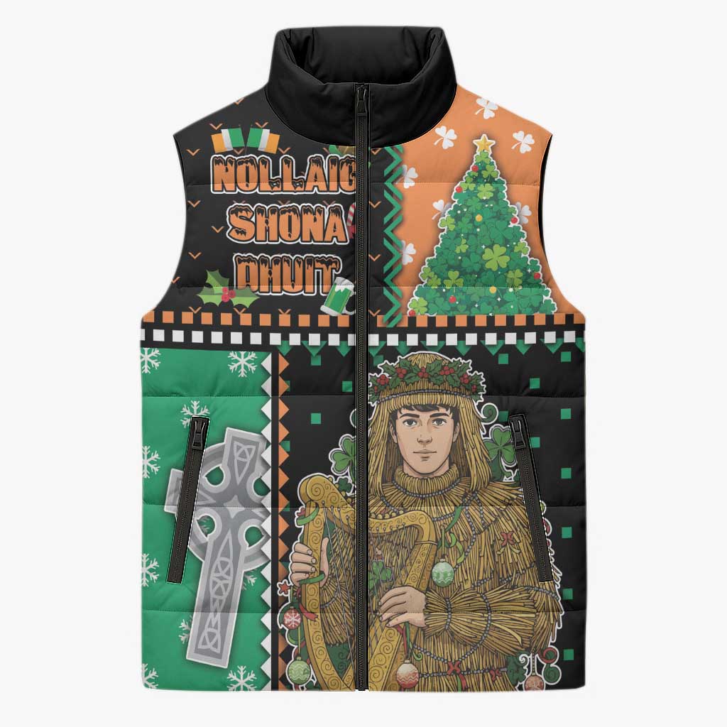 Ireland Christmas Sleeveless Puffer Jacket Wren Boy With Shamrock Xmas Tree - Wonder Print Shop