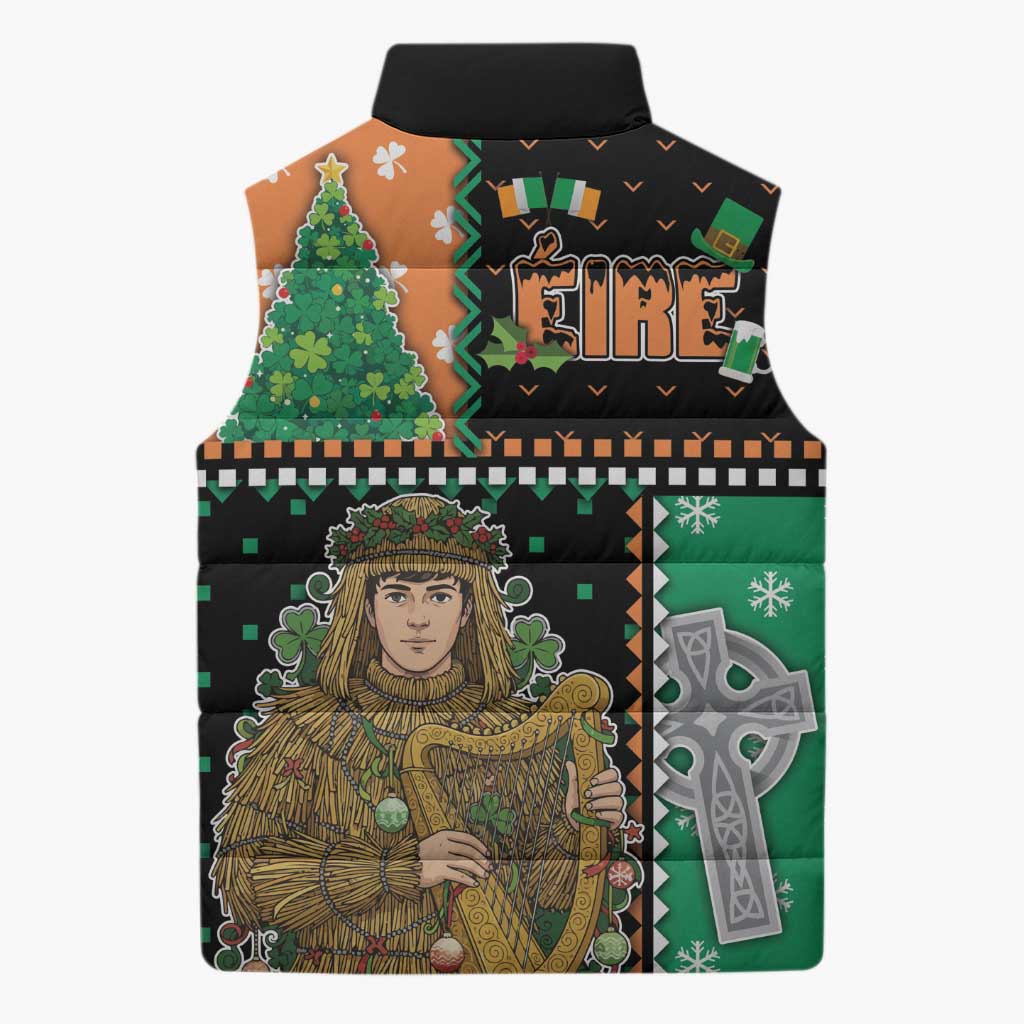 Ireland Christmas Sleeveless Puffer Jacket Wren Boy With Shamrock Xmas Tree - Wonder Print Shop