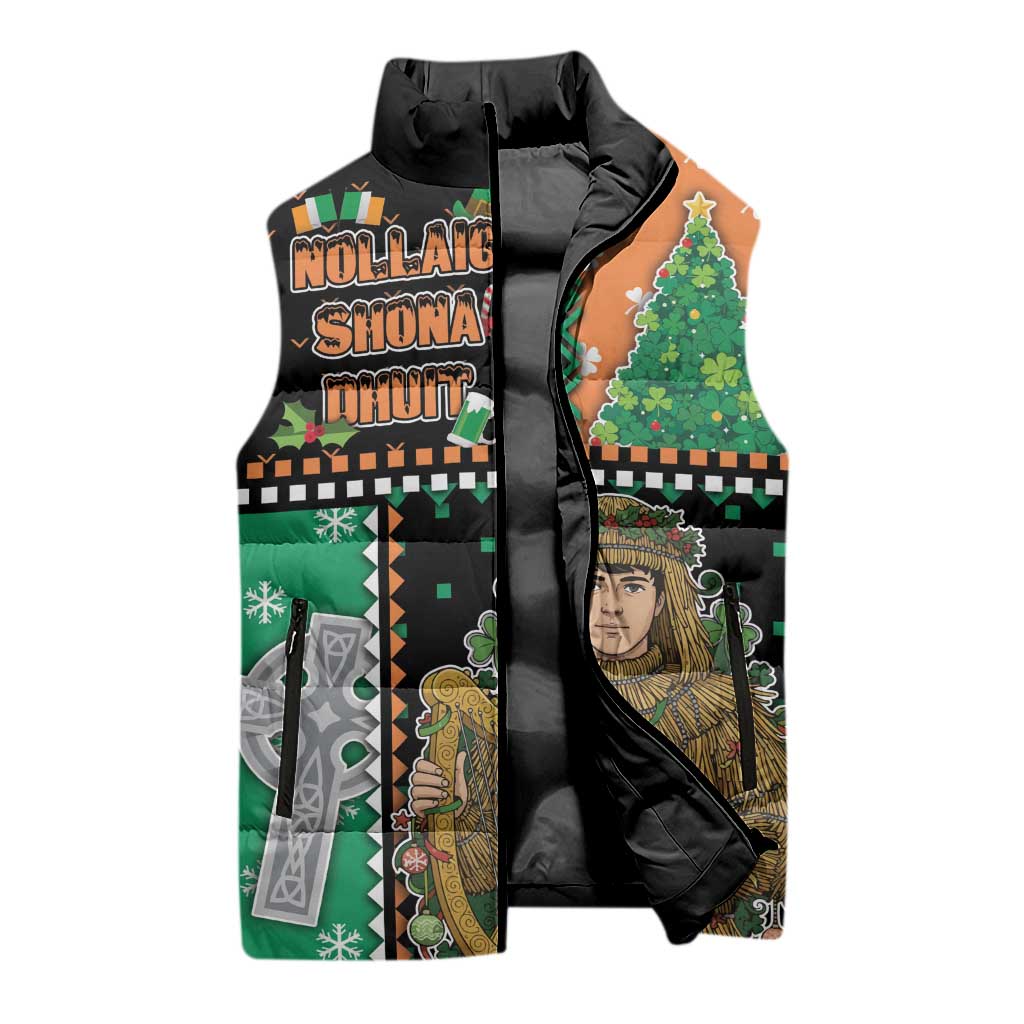 Ireland Christmas Sleeveless Puffer Jacket Wren Boy With Shamrock Xmas Tree - Wonder Print Shop