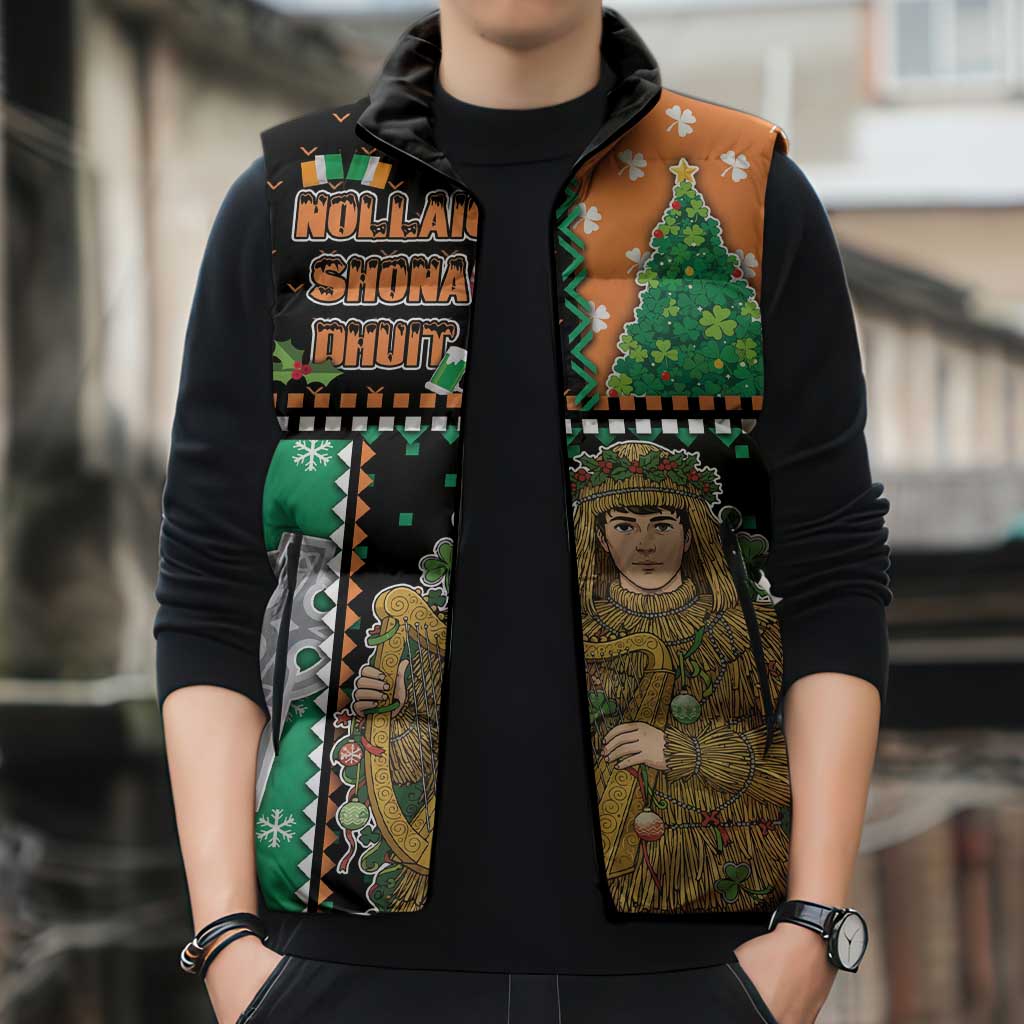 Ireland Christmas Sleeveless Puffer Jacket Wren Boy With Shamrock Xmas Tree - Wonder Print Shop
