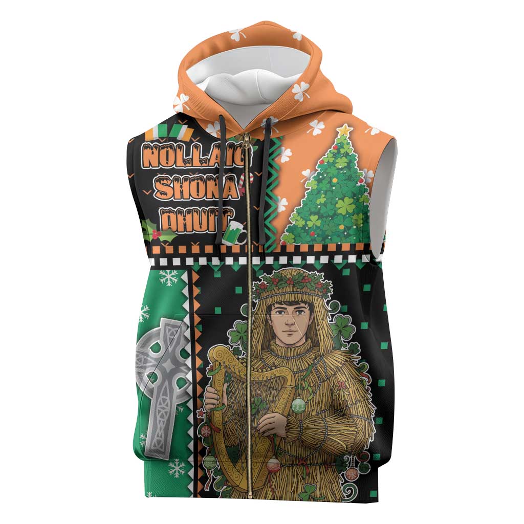 Ireland Christmas Sleeveless Zip Hoodie Wren Boy With Shamrock Xmas Tree - Wonder Print Shop