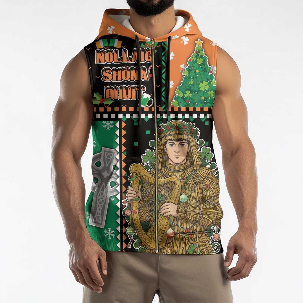 Ireland Christmas Sleeveless Zip Hoodie Wren Boy With Shamrock Xmas Tree - Wonder Print Shop