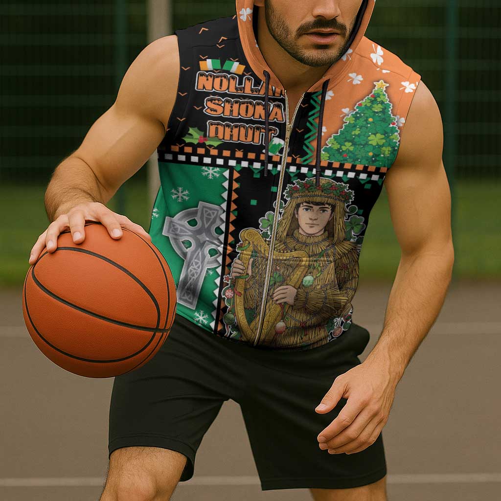 Ireland Christmas Sleeveless Zip Hoodie Wren Boy With Shamrock Xmas Tree - Wonder Print Shop