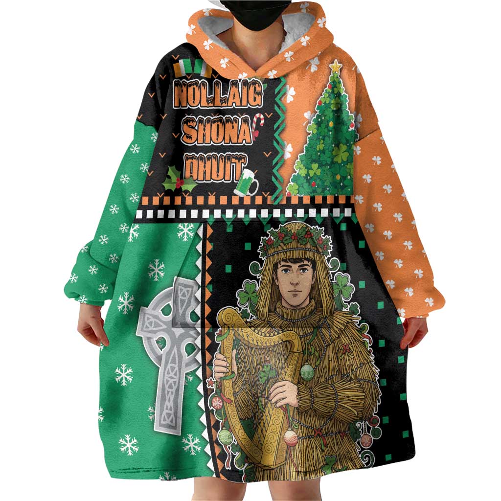 Ireland Christmas Wearable Blanket Hoodie Wren Boy With Shamrock Xmas Tree - Wonder Print Shop