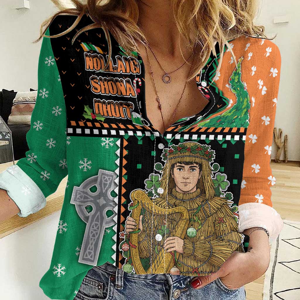 Ireland Christmas Women Casual Shirt Wren Boy With Shamrock Xmas Tree - Wonder Print Shop
