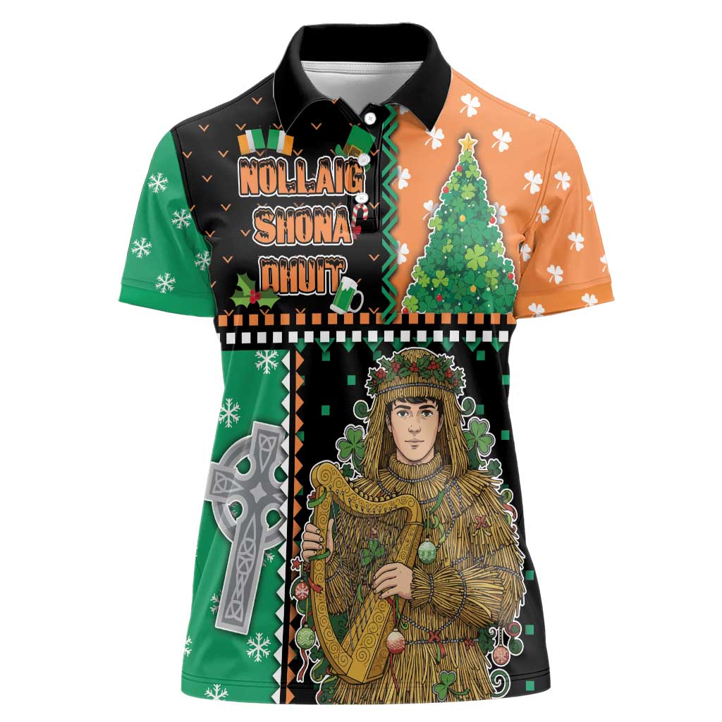 Ireland Christmas Women Polo Shirt Wren Boy With Shamrock Xmas Tree - Wonder Print Shop