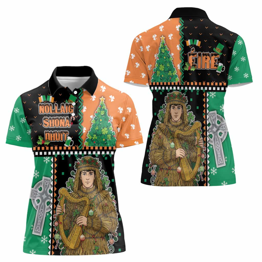 Ireland Christmas Women Polo Shirt Wren Boy With Shamrock Xmas Tree - Wonder Print Shop