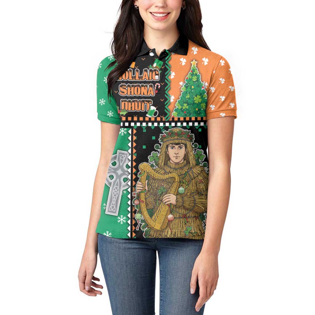 Ireland Christmas Women Polo Shirt Wren Boy With Shamrock Xmas Tree - Wonder Print Shop