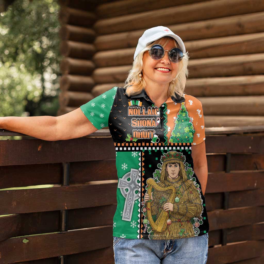Ireland Christmas Women Polo Shirt Wren Boy With Shamrock Xmas Tree - Wonder Print Shop