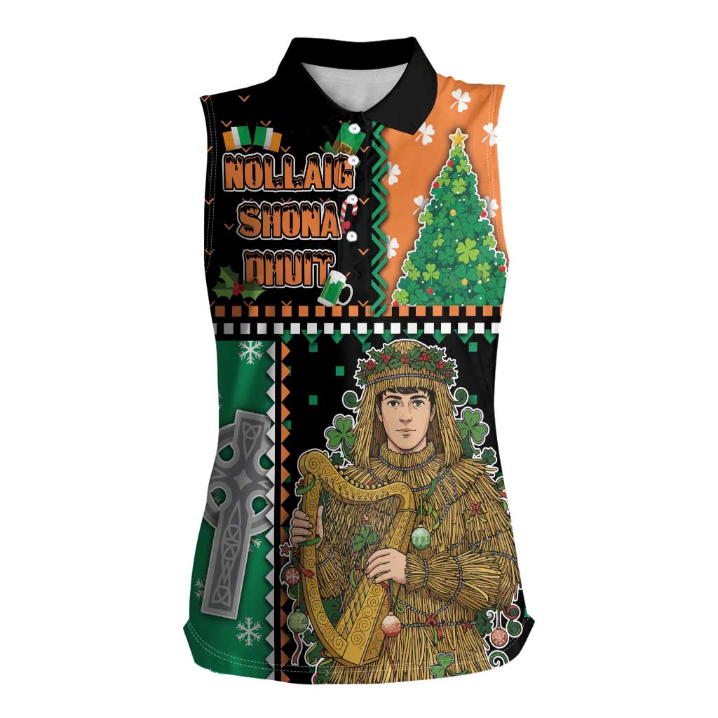 Ireland Christmas Women Sleeveless Polo Shirt Wren Boy With Shamrock Xmas Tree - Wonder Print Shop