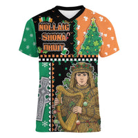 Ireland Christmas Women V-Neck T-Shirt Wren Boy With Shamrock Xmas Tree - Wonder Print Shop