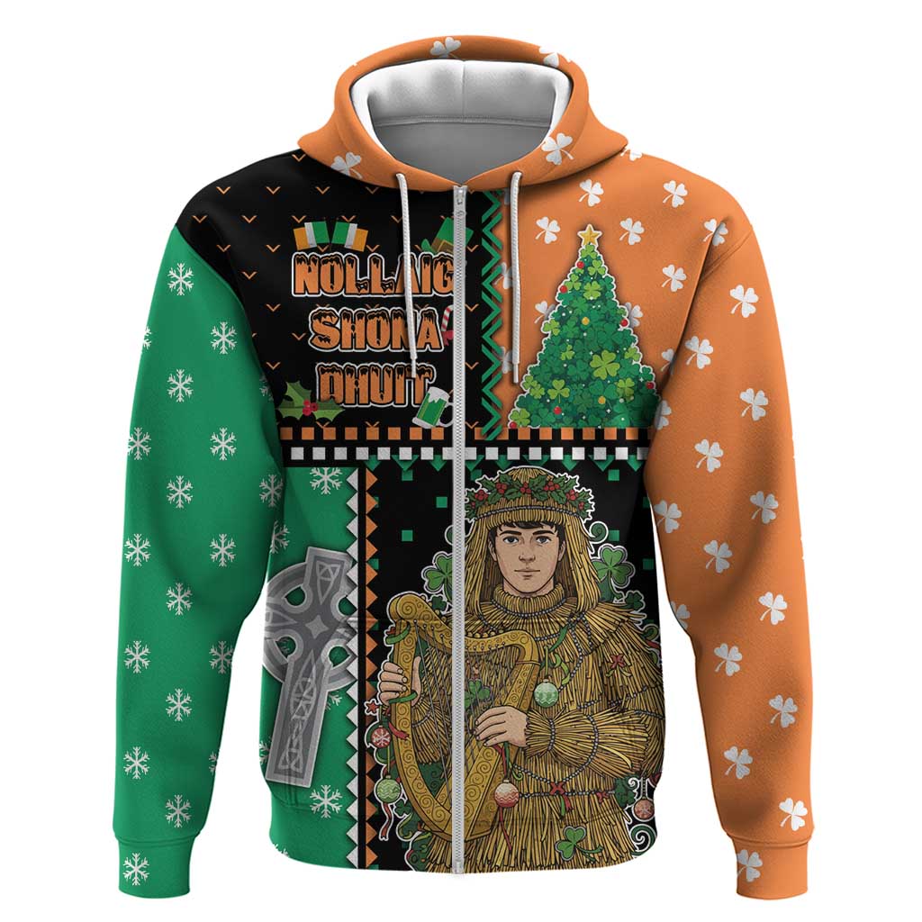 Ireland Christmas Zip Hoodie Wren Boy With Shamrock Xmas Tree - Wonder Print Shop