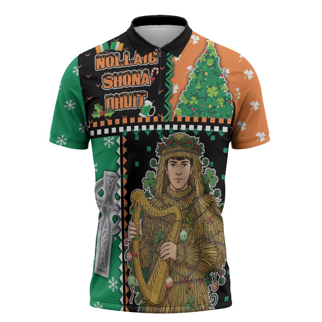 Ireland Christmas Zipper Polo Shirt Wren Boy With Shamrock Xmas Tree - Wonder Print Shop