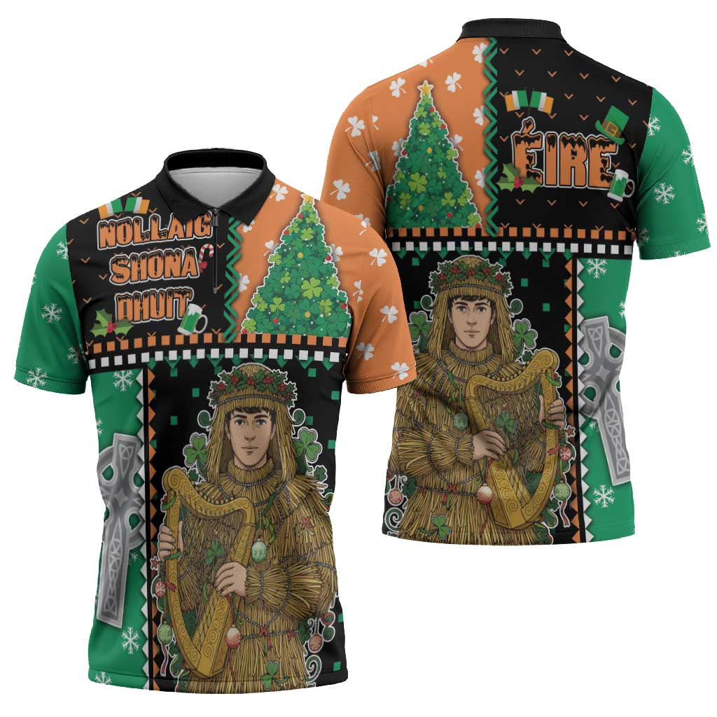 Ireland Christmas Zipper Polo Shirt Wren Boy With Shamrock Xmas Tree - Wonder Print Shop
