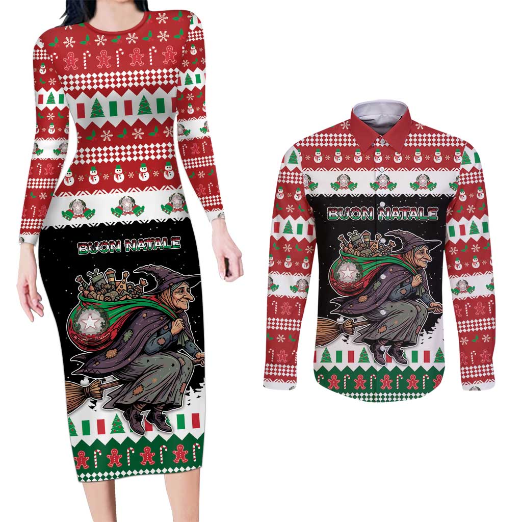 Italy Christmas Couples Matching Long Sleeve Bodycon Dress and Long Sleeve Button Shirt La Befana Buon Natale - Wonder Print Shop