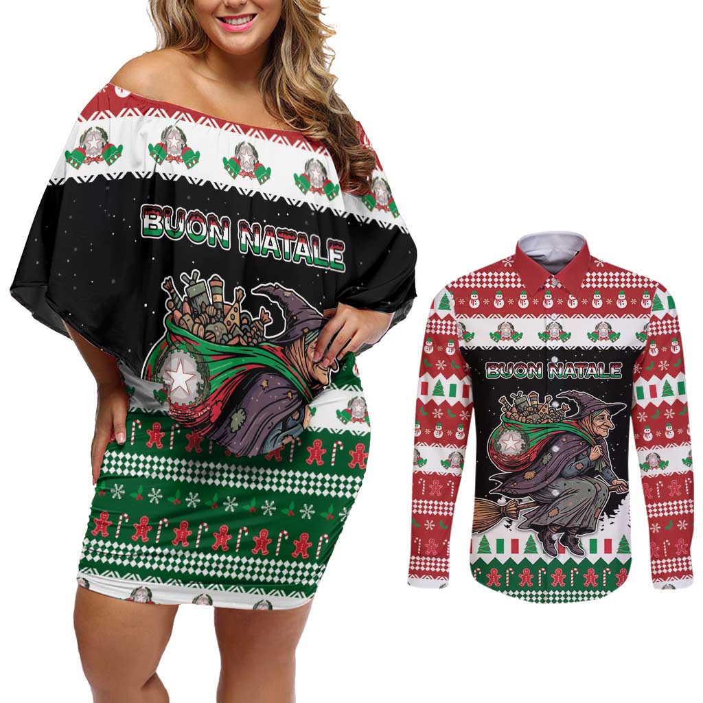 Italy Christmas Couples Matching Off Shoulder Short Dress and Long Sleeve Button Shirt La Befana Buon Natale - Wonder Print Shop