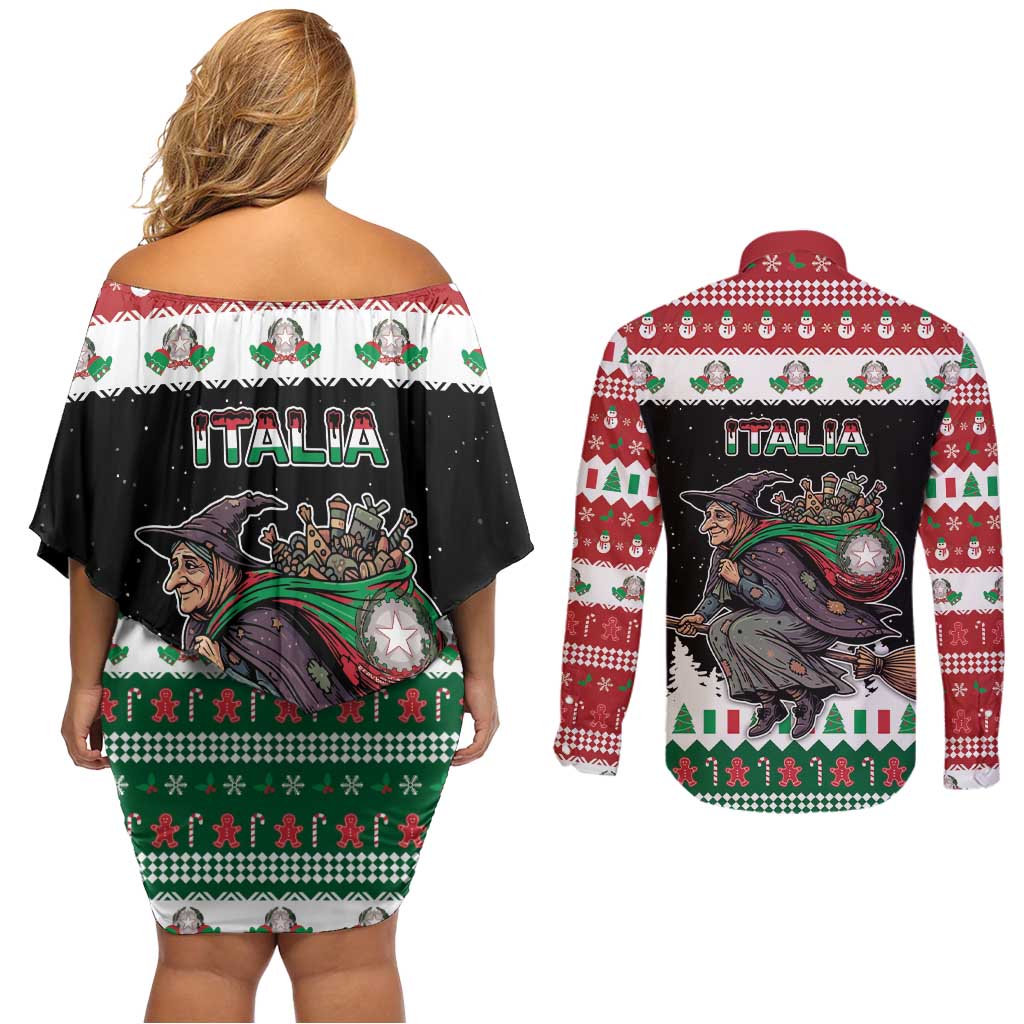 Italy Christmas Couples Matching Off Shoulder Short Dress and Long Sleeve Button Shirt La Befana Buon Natale - Wonder Print Shop