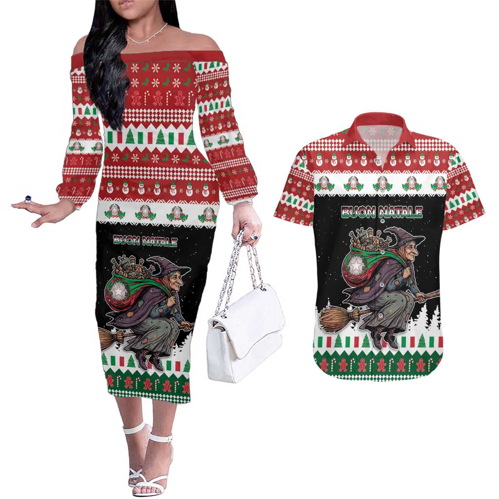 Italy Christmas Couples Matching Off The Shoulder Long Sleeve Dress and Hawaiian Shirt La Befana Buon Natale - Wonder Print Shop