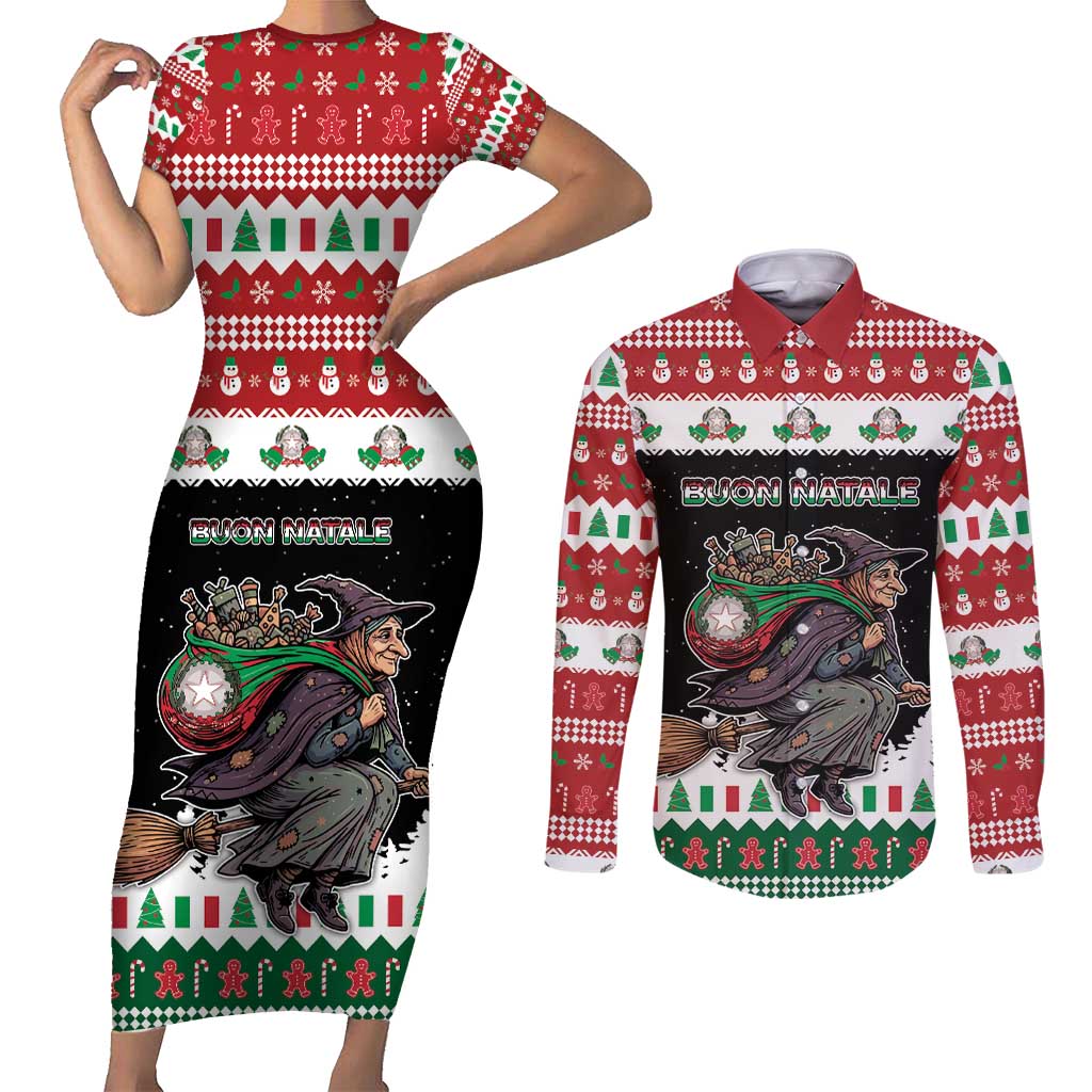 Italy Christmas Couples Matching Short Sleeve Bodycon Dress and Long Sleeve Button Shirt La Befana Buon Natale - Wonder Print Shop