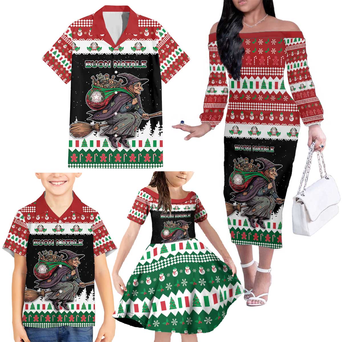Italy Christmas Family Matching Off The Shoulder Long Sleeve Dress and Hawaiian Shirt La Befana Buon Natale - Wonder Print Shop