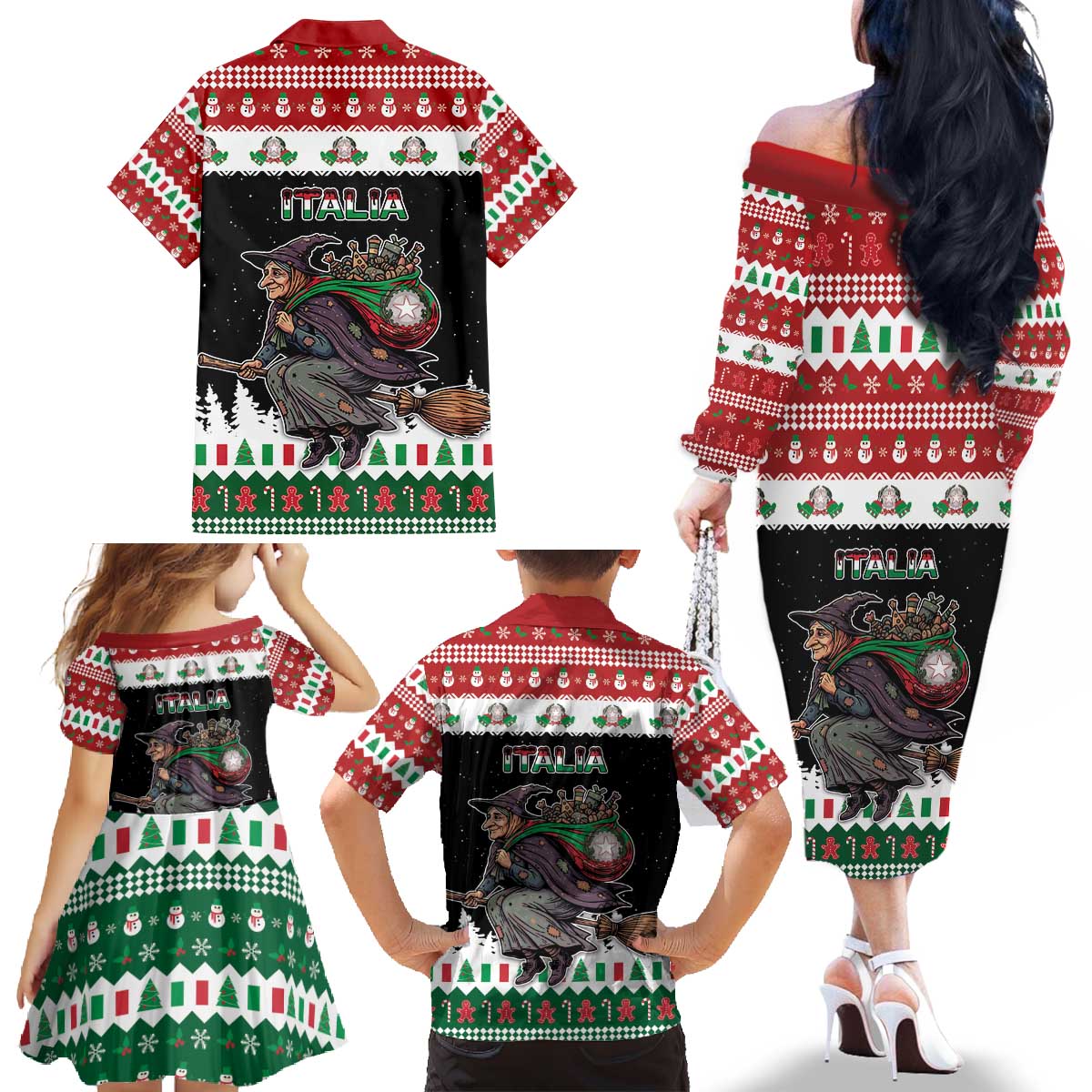 Italy Christmas Family Matching Off The Shoulder Long Sleeve Dress and Hawaiian Shirt La Befana Buon Natale - Wonder Print Shop