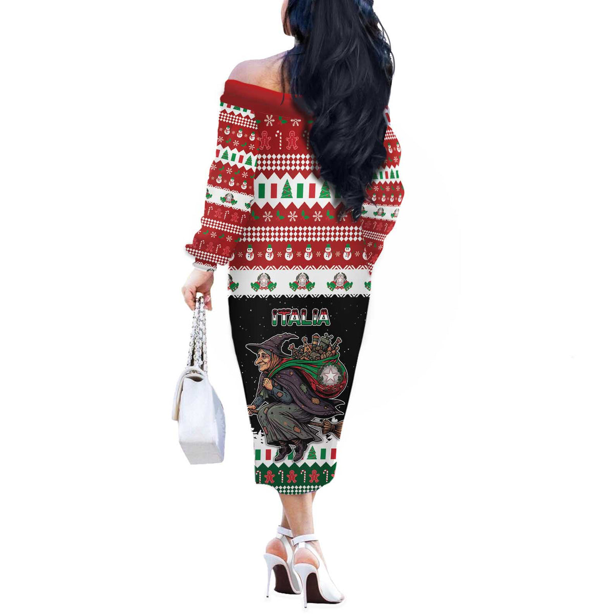Italy Christmas Off The Shoulder Long Sleeve Dress La Befana Buon Natale - Wonder Print Shop