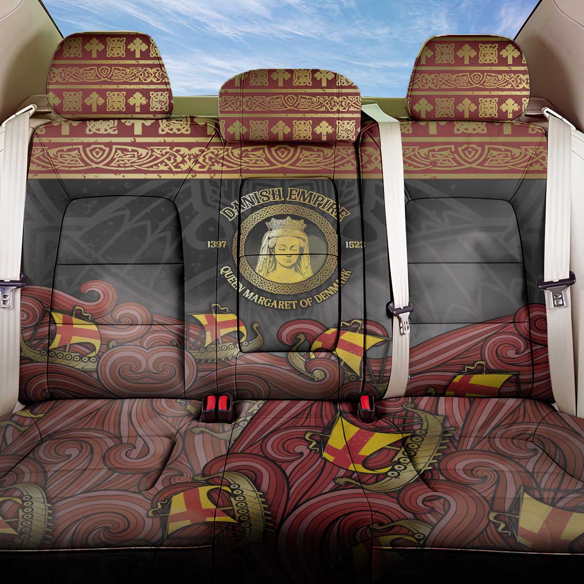 Danish Empire Back Car Seat Cover Kalmar Union With Viking Patterns - Wonder Print Shop