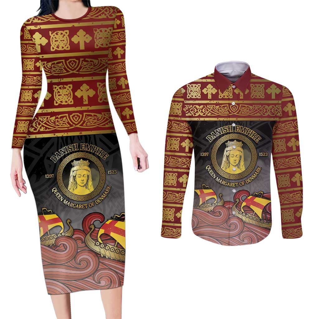 Danish Empire Couples Matching Long Sleeve Bodycon Dress and Long Sleeve Button Shirt Kalmar Union With Viking Patterns - Wonder Print Shop