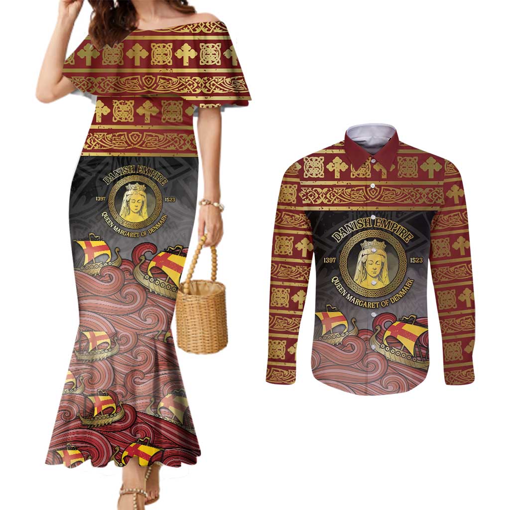Danish Empire Couples Matching Mermaid Dress and Long Sleeve Button Shirt Kalmar Union With Viking Patterns - Wonder Print Shop