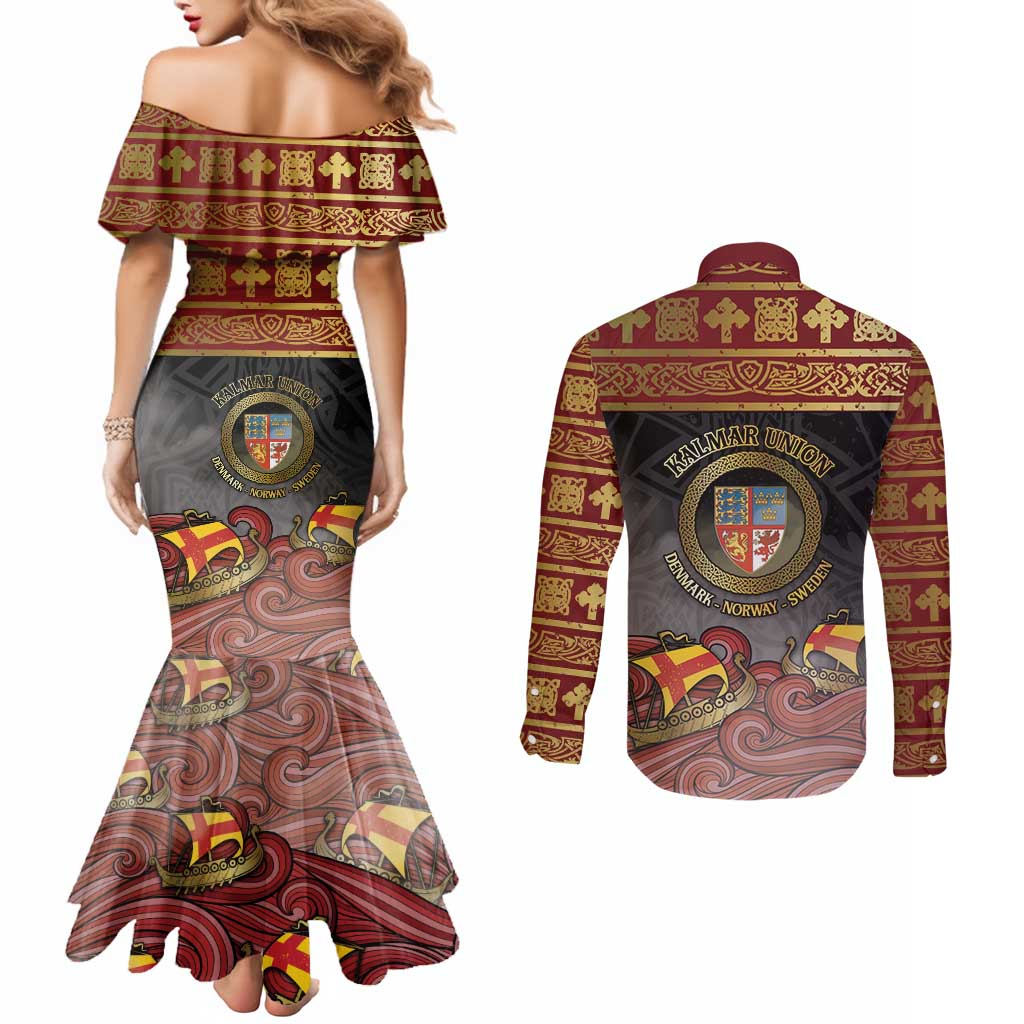 Danish Empire Couples Matching Mermaid Dress and Long Sleeve Button Shirt Kalmar Union With Viking Patterns - Wonder Print Shop