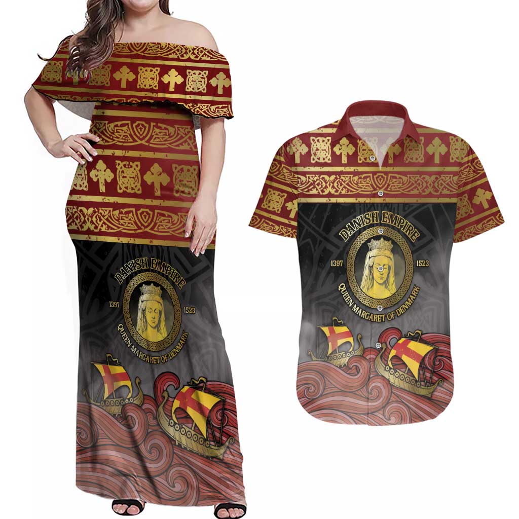 Danish Empire Couples Matching Off Shoulder Maxi Dress and Hawaiian Shirt Kalmar Union With Viking Patterns - Wonder Print Shop