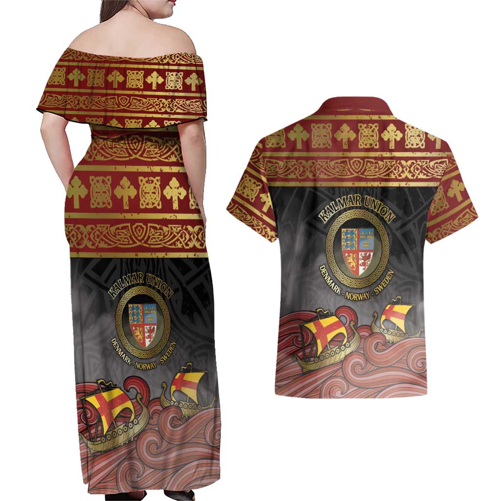Danish Empire Couples Matching Off Shoulder Maxi Dress and Hawaiian Shirt Kalmar Union With Viking Patterns - Wonder Print Shop