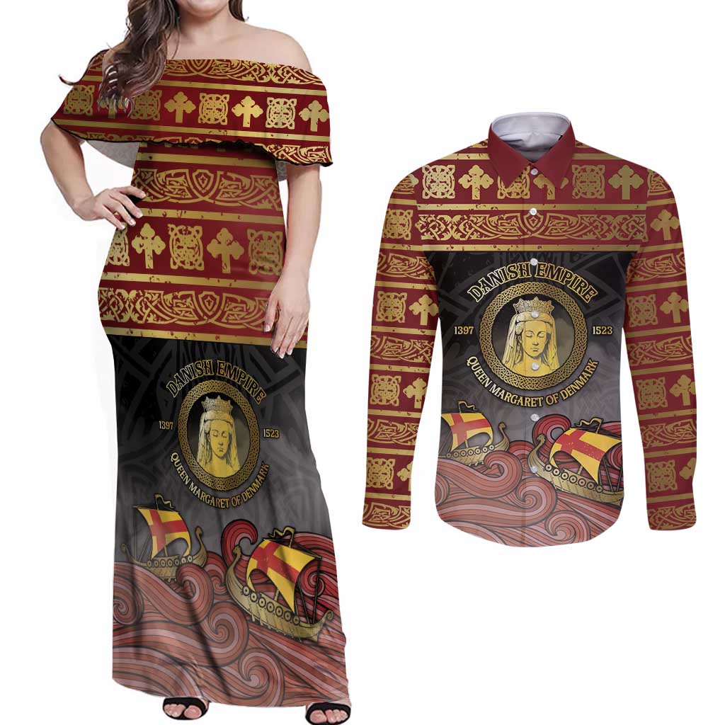 Danish Empire Couples Matching Off Shoulder Maxi Dress and Long Sleeve Button Shirt Kalmar Union With Viking Patterns - Wonder Print Shop