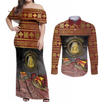 Danish Empire Couples Matching Off Shoulder Maxi Dress and Long Sleeve Button Shirt Kalmar Union With Viking Patterns - Wonder Print Shop