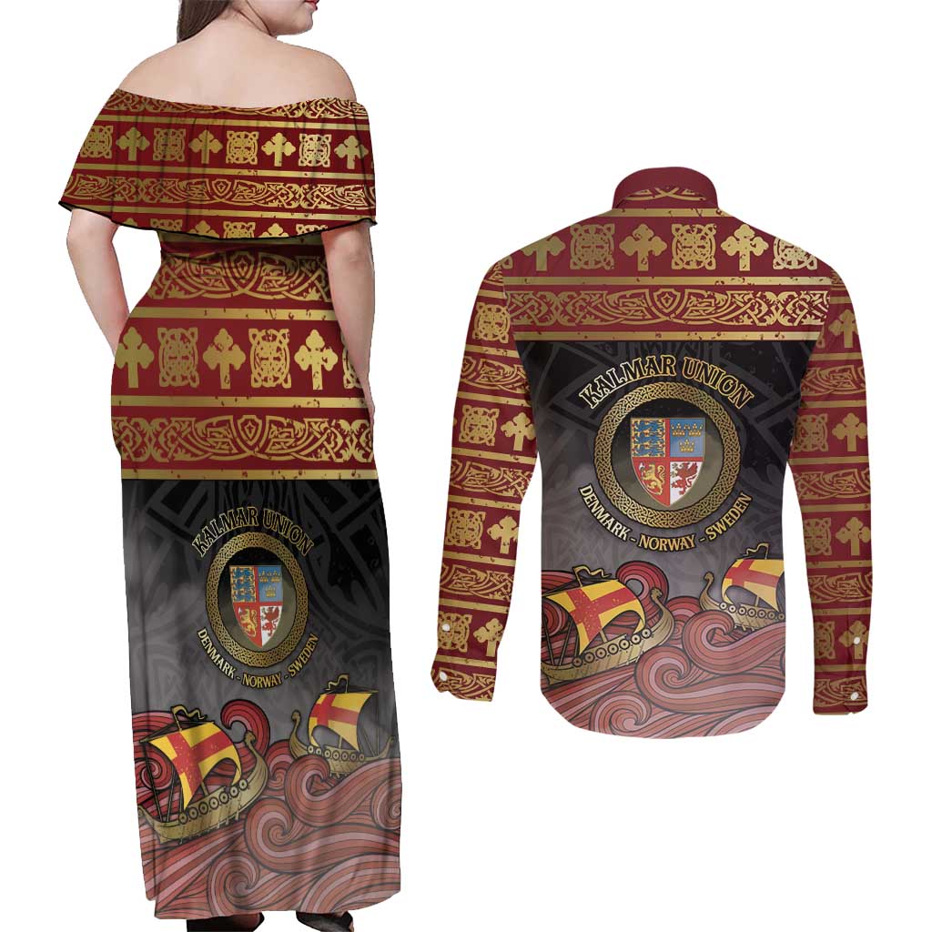 Danish Empire Couples Matching Off Shoulder Maxi Dress and Long Sleeve Button Shirt Kalmar Union With Viking Patterns - Wonder Print Shop