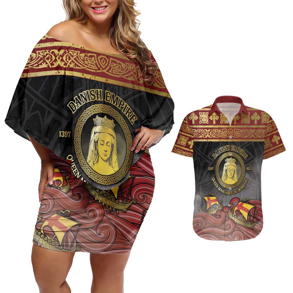 Danish Empire Couples Matching Off Shoulder Short Dress and Hawaiian Shirt Kalmar Union With Viking Patterns - Wonder Print Shop