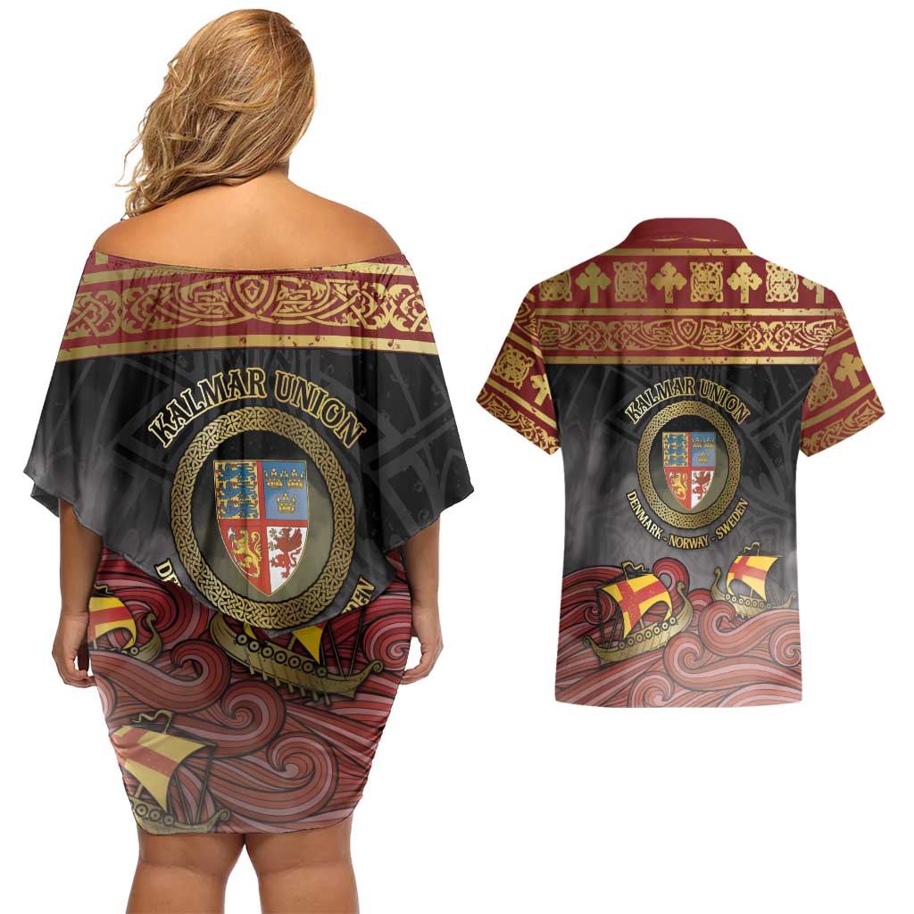 Danish Empire Couples Matching Off Shoulder Short Dress and Hawaiian Shirt Kalmar Union With Viking Patterns - Wonder Print Shop