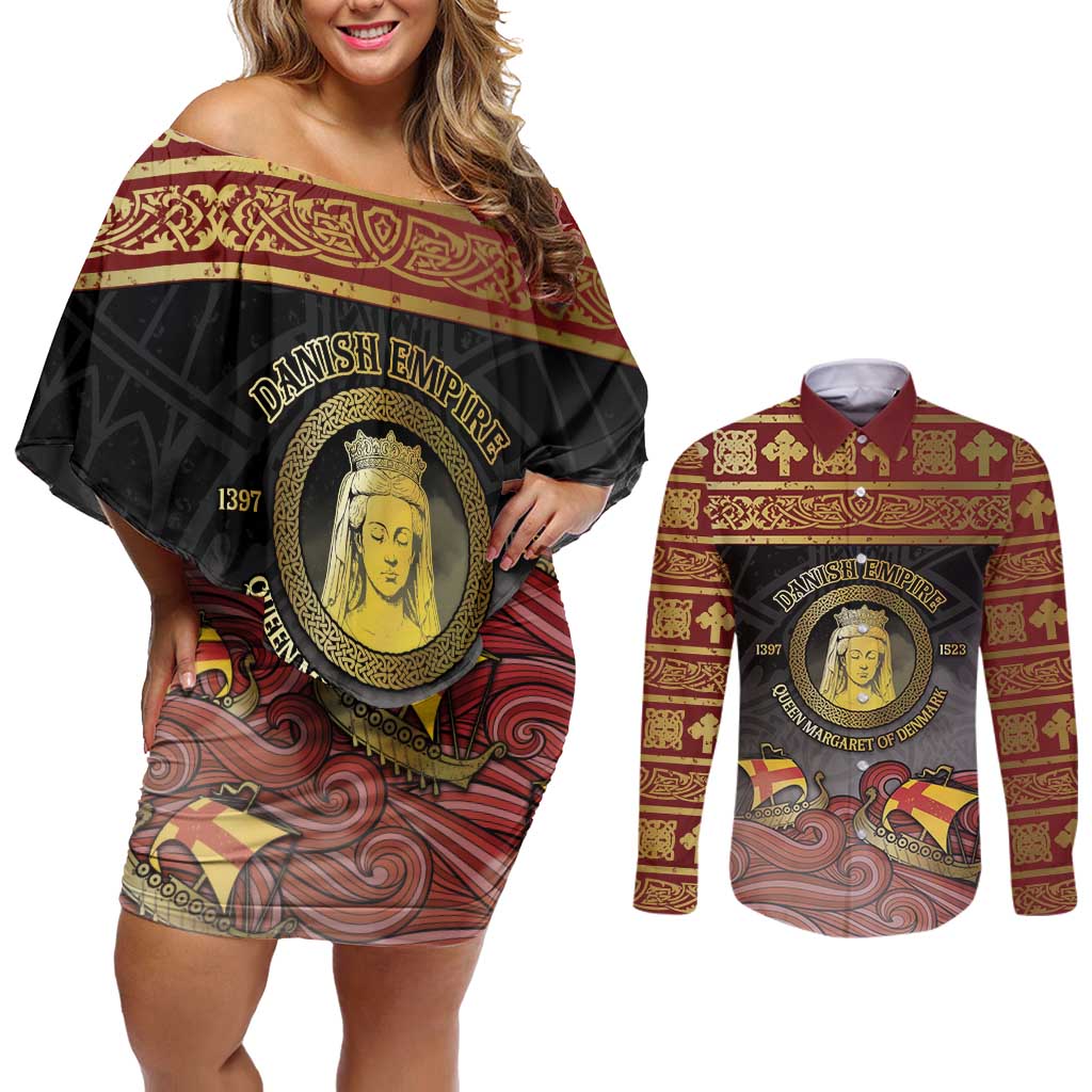 Danish Empire Couples Matching Off Shoulder Short Dress and Long Sleeve Button Shirt Kalmar Union With Viking Patterns - Wonder Print Shop