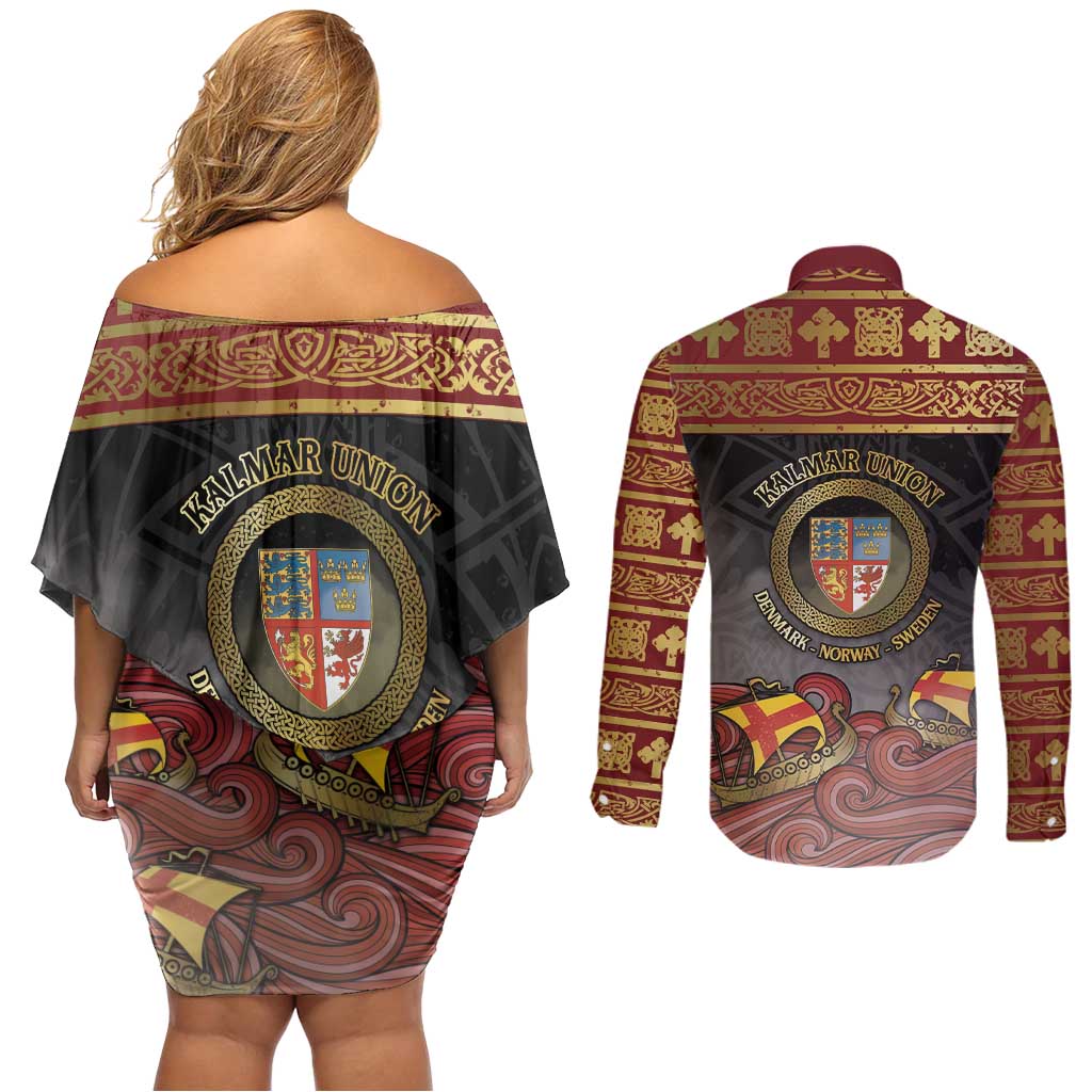 Danish Empire Couples Matching Off Shoulder Short Dress and Long Sleeve Button Shirt Kalmar Union With Viking Patterns - Wonder Print Shop