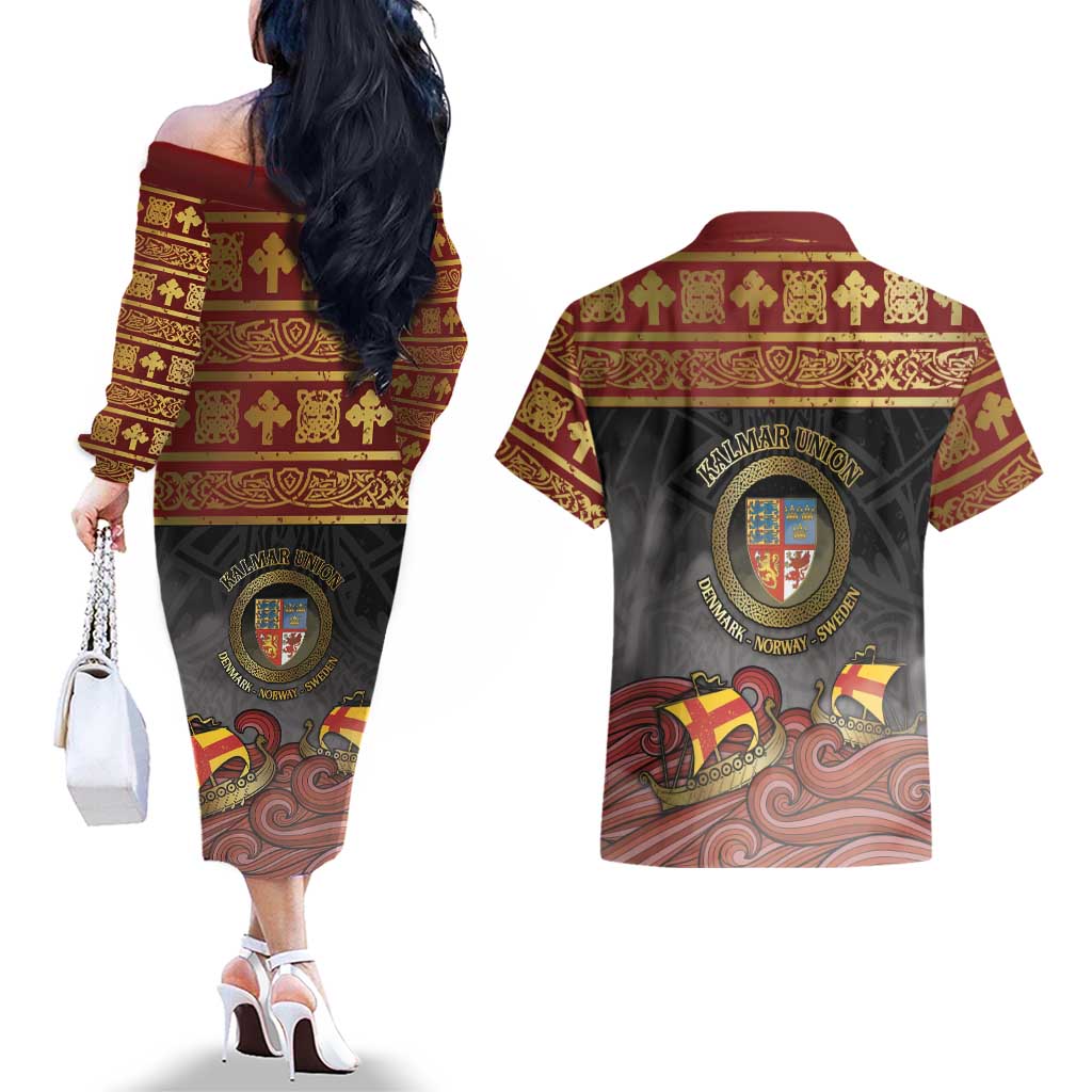 Danish Empire Couples Matching Off The Shoulder Long Sleeve Dress and Hawaiian Shirt Kalmar Union With Viking Patterns - Wonder Print Shop
